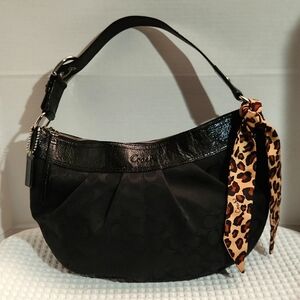 Coach Signature Hobo Style Large Shoulder Bag with Leapord Printed Coach Scarf